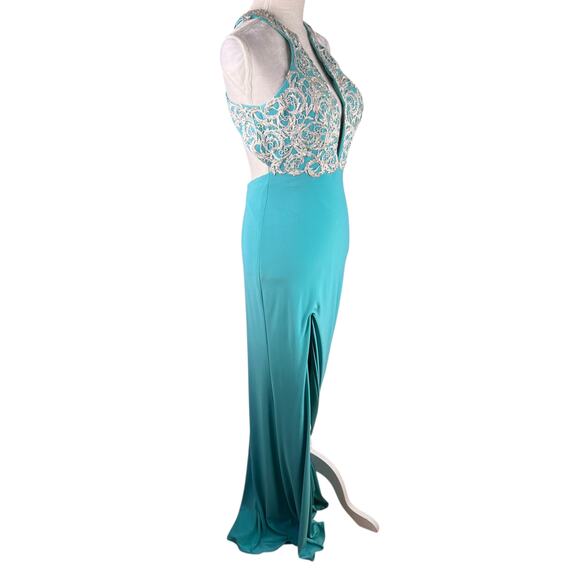 La Femme Embroidered-Bodice Prom Evening Gown Turquoise 6 Beaded - Picture 11 of 15